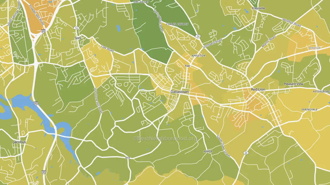 Map of the best neighborhoods in the 17313 area, with better matches in green and worse matches in red