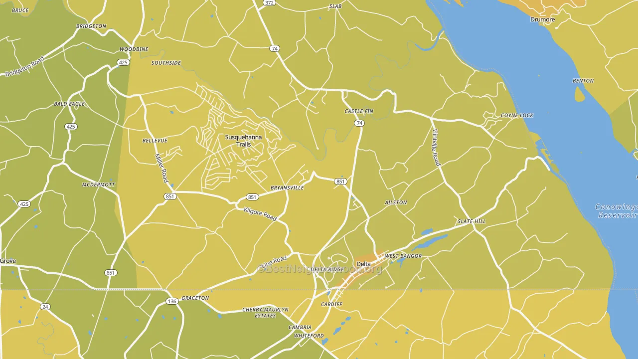 Map of the best neighborhoods in the 17314 area, with better matches in green and worse matches in red