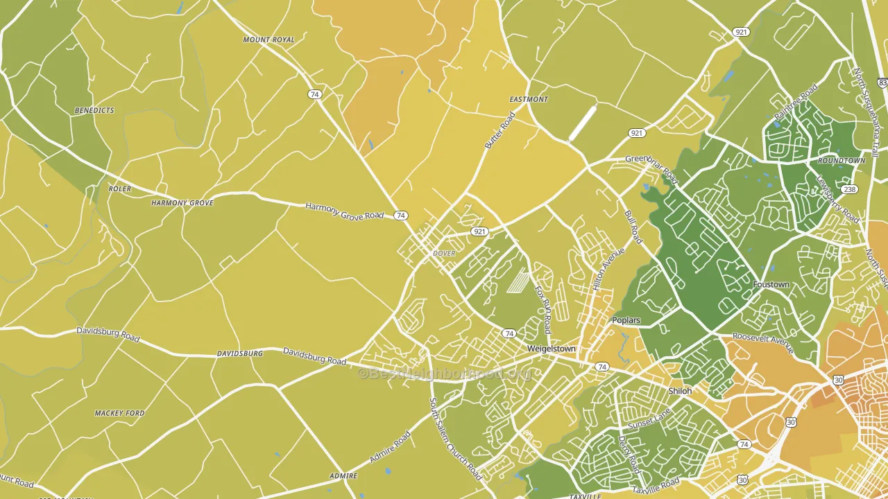 Map of the best neighborhoods in the 17315 area, with better matches in green and worse matches in red