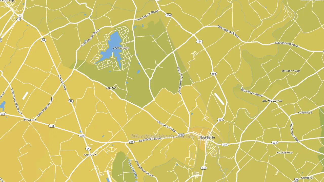 Map of the best neighborhoods in the 17316 area, with better matches in green and worse matches in red