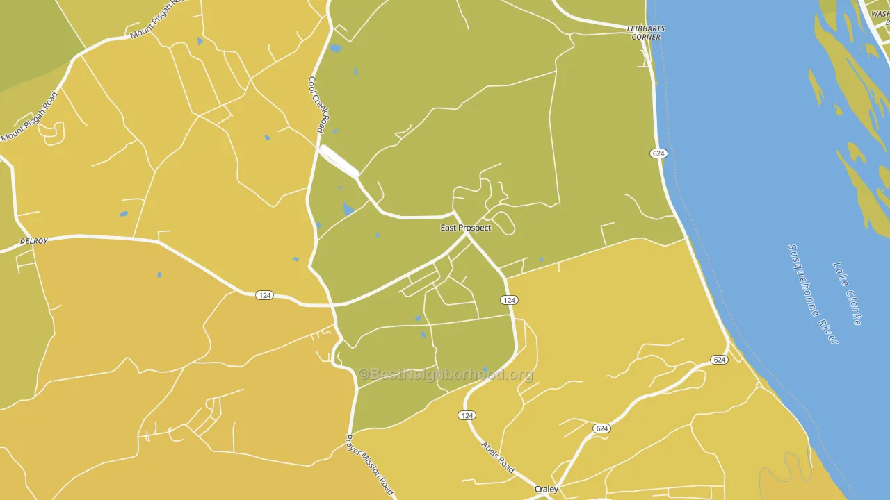 Map of the best neighborhoods in the 17317 area, with better matches in green and worse matches in red