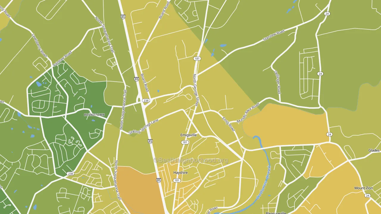 Map of the best neighborhoods in the 17318 area, with better matches in green and worse matches in red