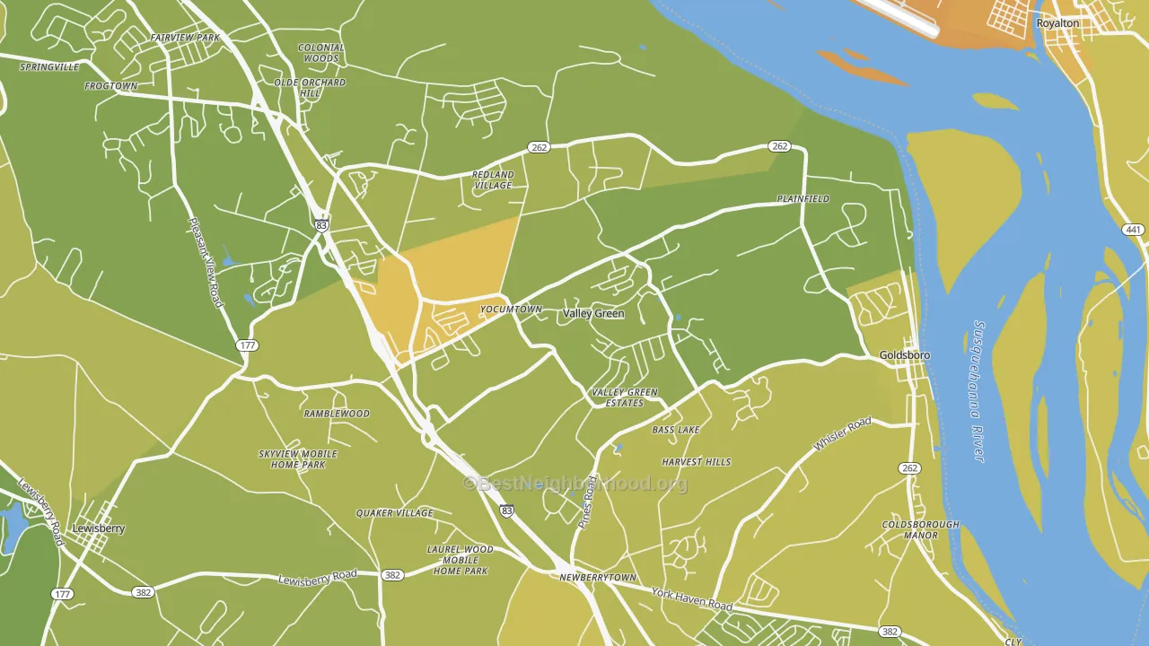 Map of the best neighborhoods in the 17319 area, with better matches in green and worse matches in red