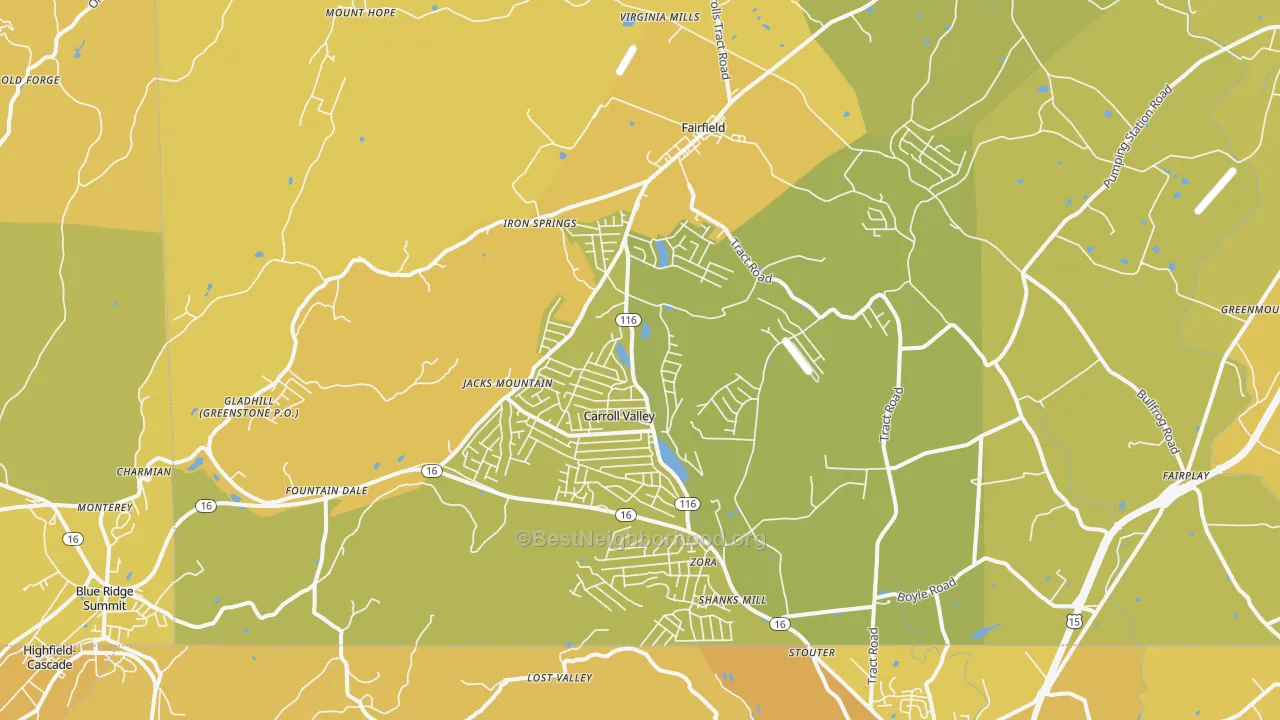 Map of the best neighborhoods in the 17320 area, with better matches in green and worse matches in red