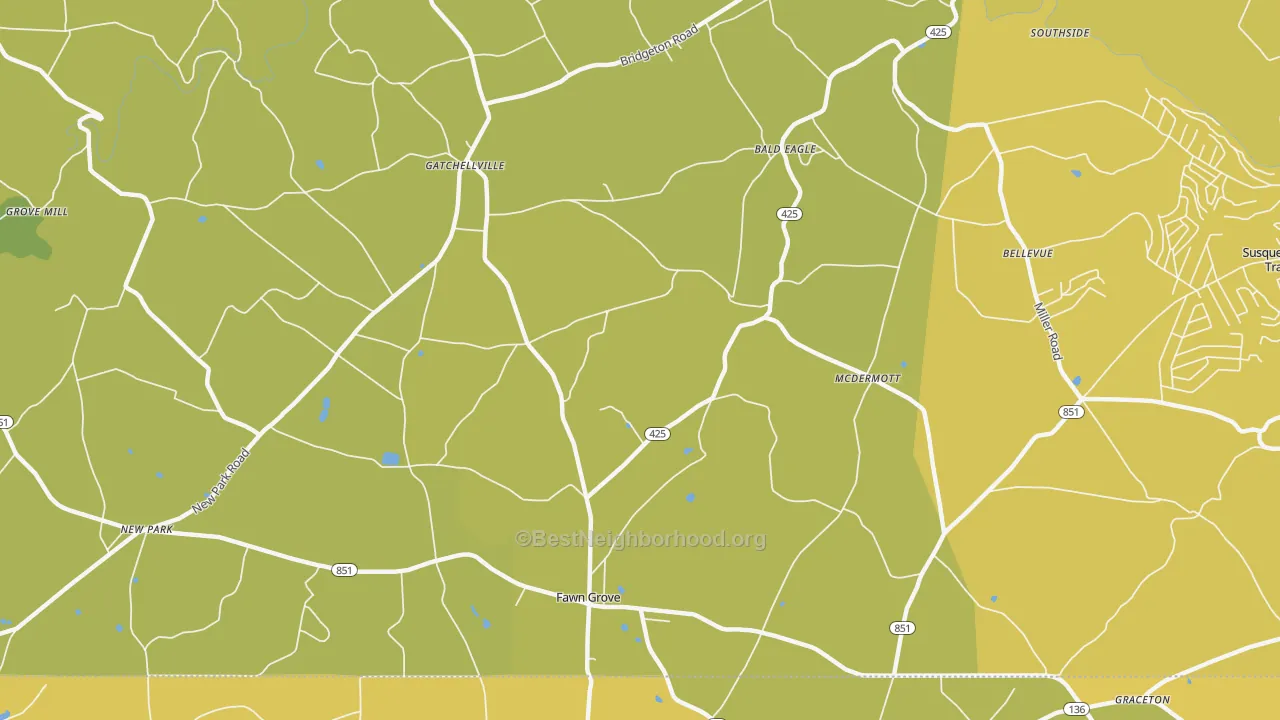 Map of the best neighborhoods in the 17321 area, with better matches in green and worse matches in red