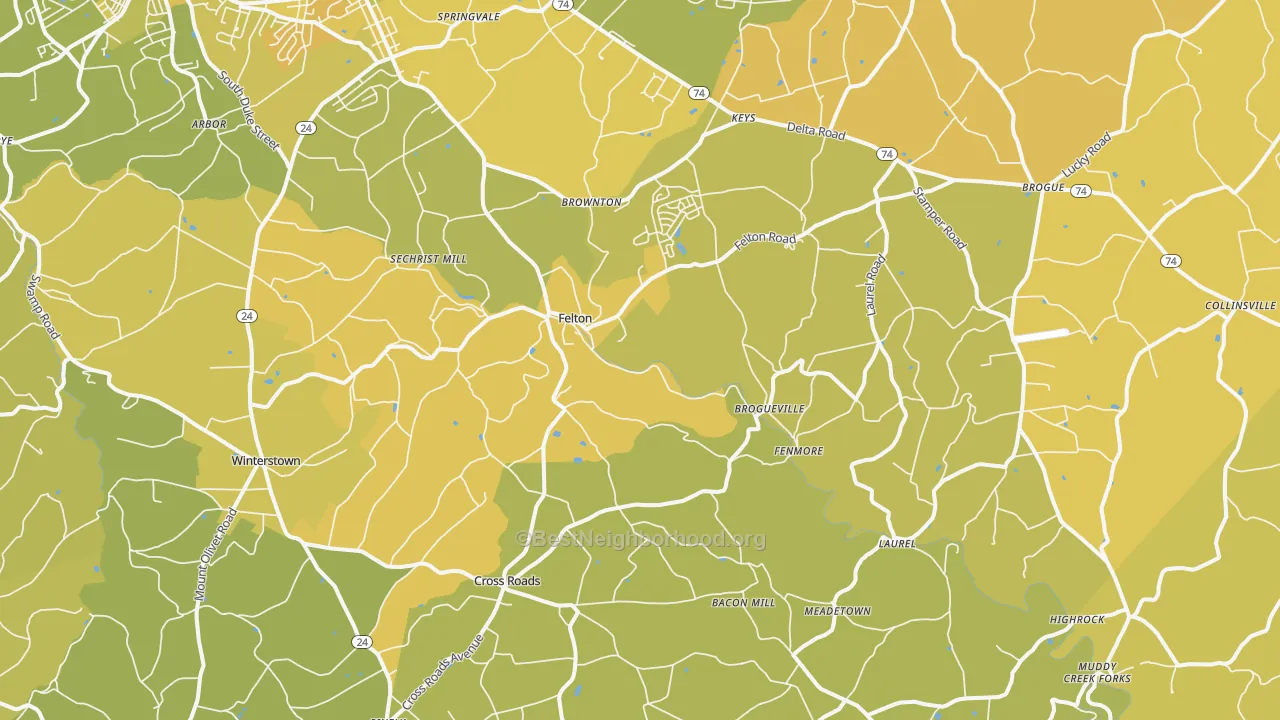 Map of the best neighborhoods in the 17322 area, with better matches in green and worse matches in red