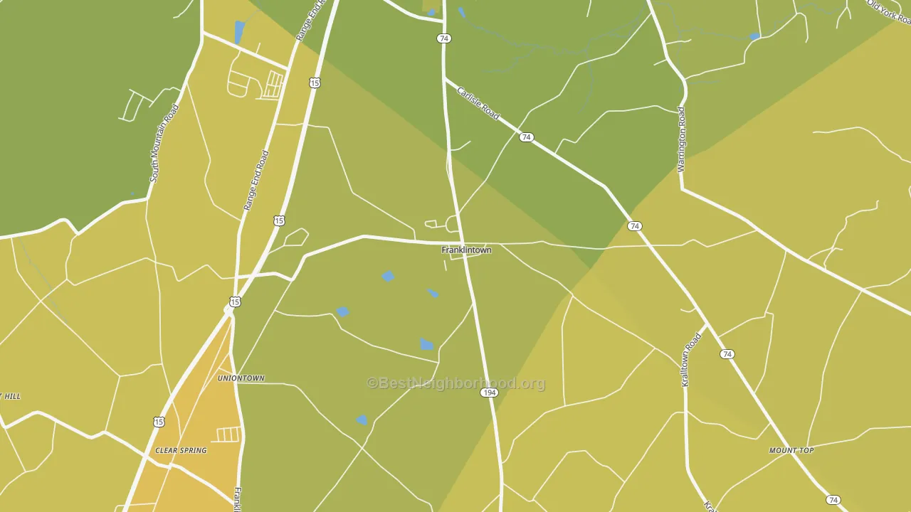 Map of the best neighborhoods in the 17323 area, with better matches in green and worse matches in red