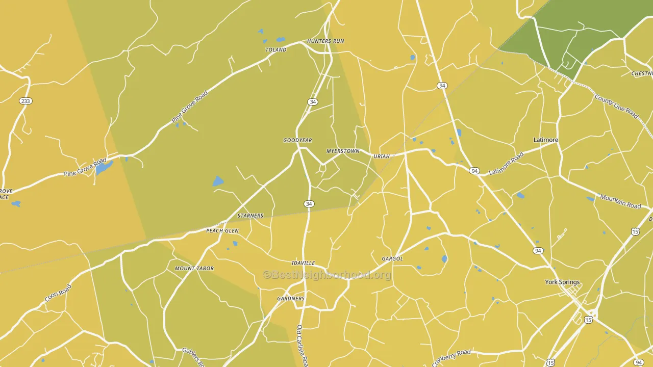 Map of the best neighborhoods in the 17324 area, with better matches in green and worse matches in red