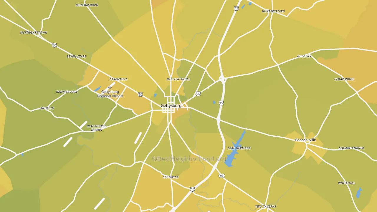 Map of the best neighborhoods in the 17325 area, with better matches in green and worse matches in red
