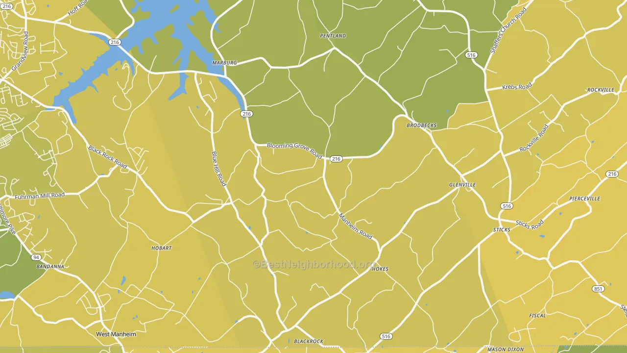 Map of the best neighborhoods in the 17329 area, with better matches in green and worse matches in red