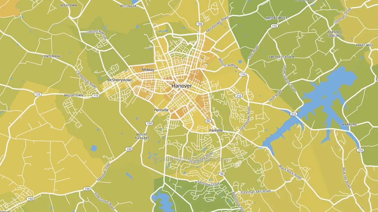 Map of the best neighborhoods in the 17331 area, with better matches in green and worse matches in red