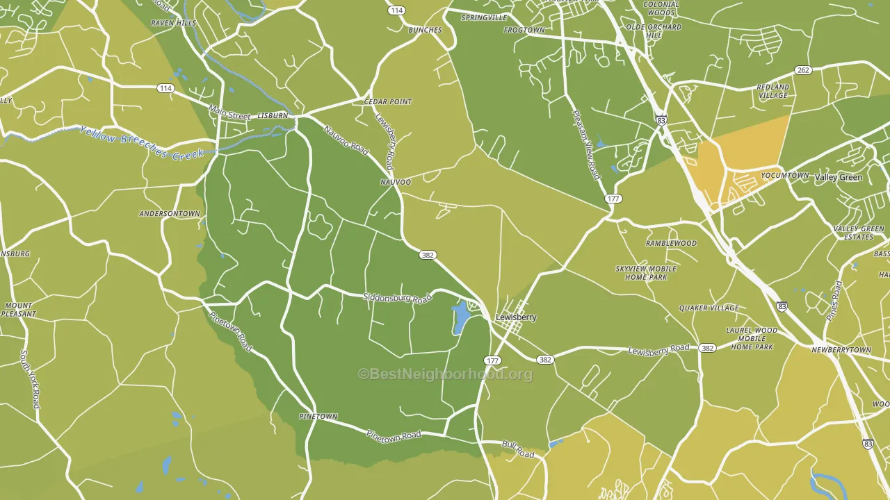 Map of the best neighborhoods in the 17339 area, with better matches in green and worse matches in red