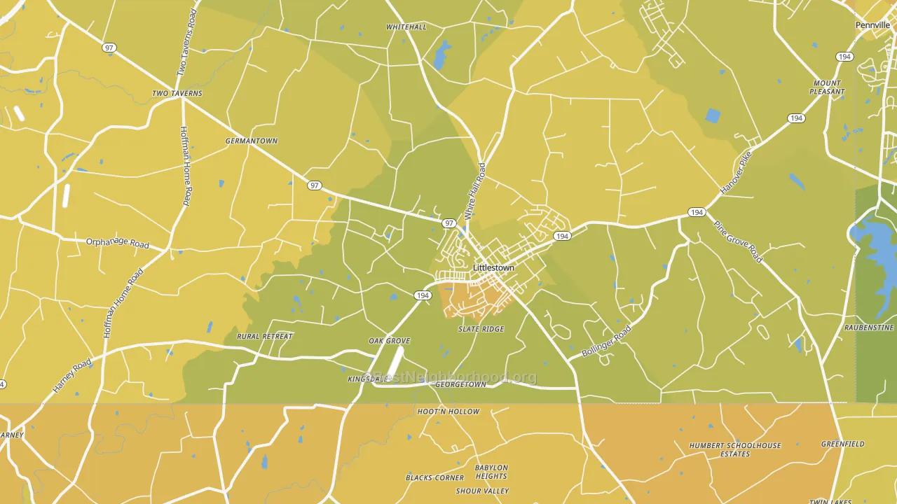 Map of the best neighborhoods in the 17340 area, with better matches in green and worse matches in red