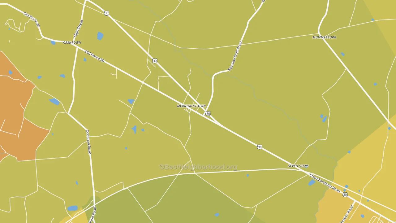 Map of the best neighborhoods in the 17343 area, with better matches in green and worse matches in red