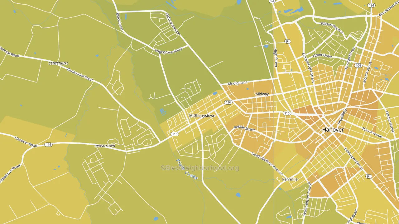 Map of the best neighborhoods in the 17344 area, with better matches in green and worse matches in red