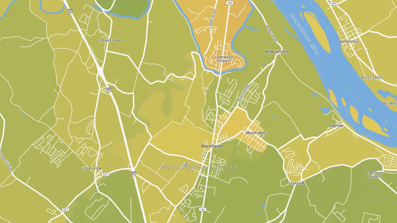 Map of the best neighborhoods in the 17345 area, with better matches in green and worse matches in red