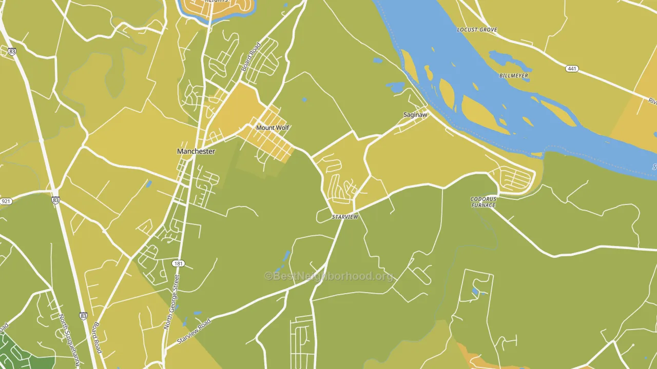 Map of the best neighborhoods in the 17347 area, with better matches in green and worse matches in red