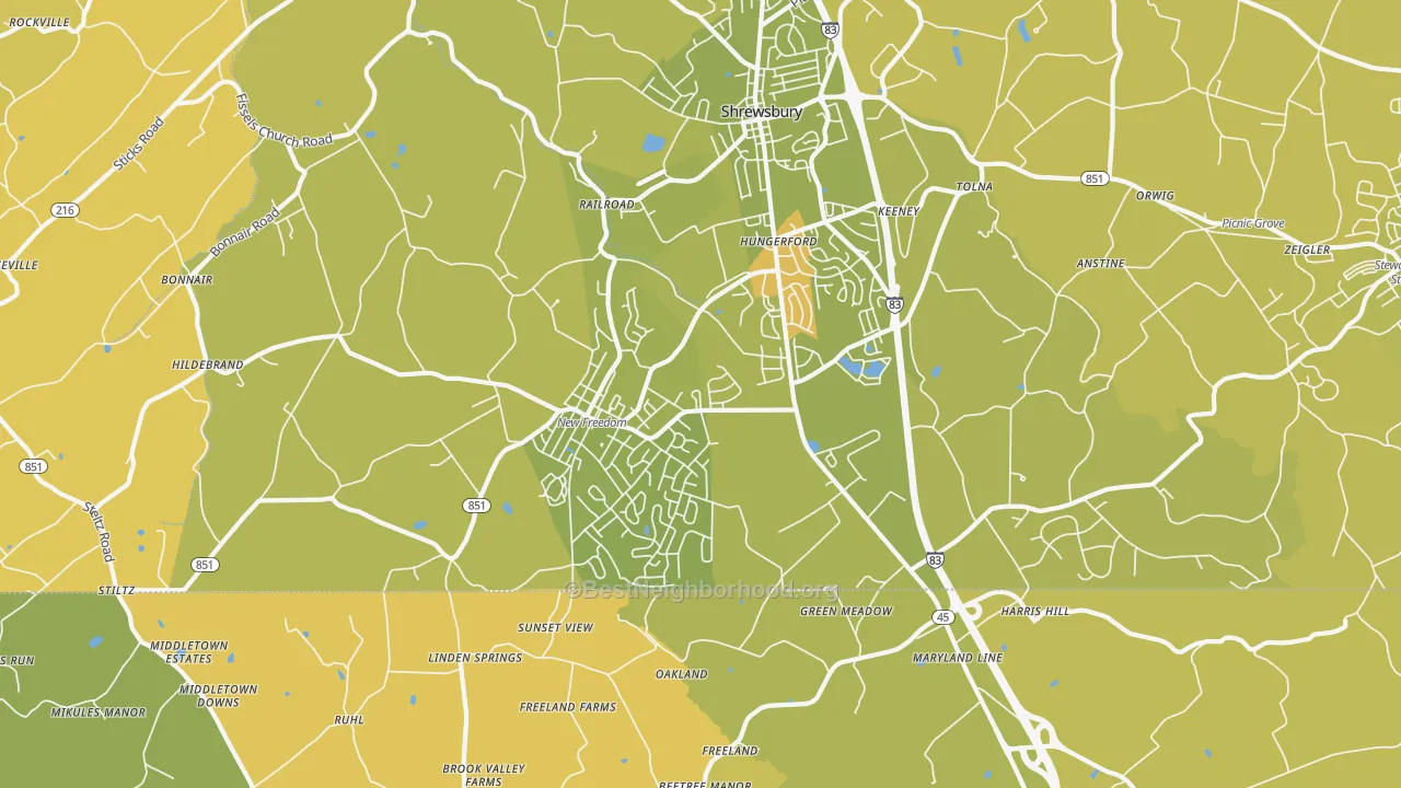 Map of the best neighborhoods in the 17349 area, with better matches in green and worse matches in red