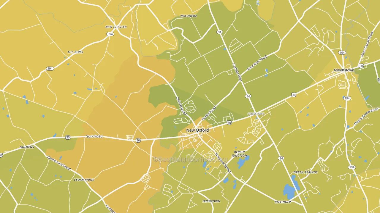 Map of the best neighborhoods in the 17350 area, with better matches in green and worse matches in red