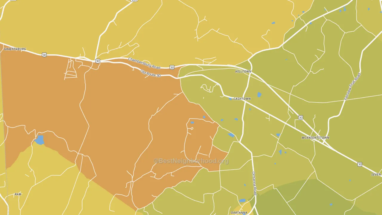 Map of the best neighborhoods in the 17353 area, with better matches in green and worse matches in red