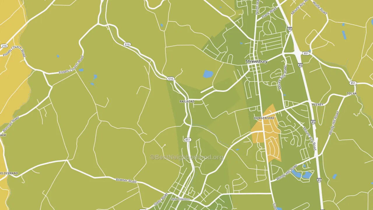 Map of the best neighborhoods in the 17355 area, with better matches in green and worse matches in red