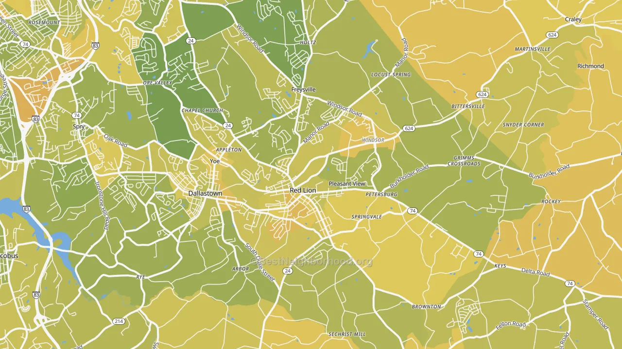 Map of the best neighborhoods in the 17356 area, with better matches in green and worse matches in red