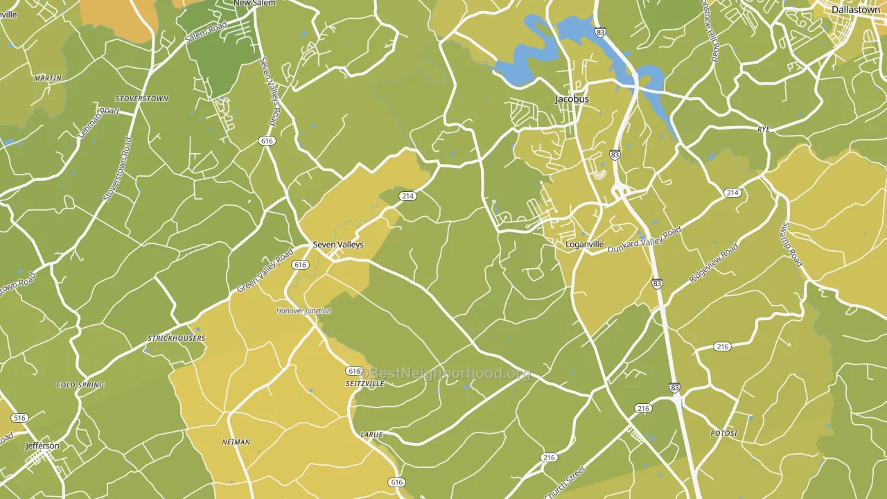 Map of the best neighborhoods in the 17360 area, with better matches in green and worse matches in red