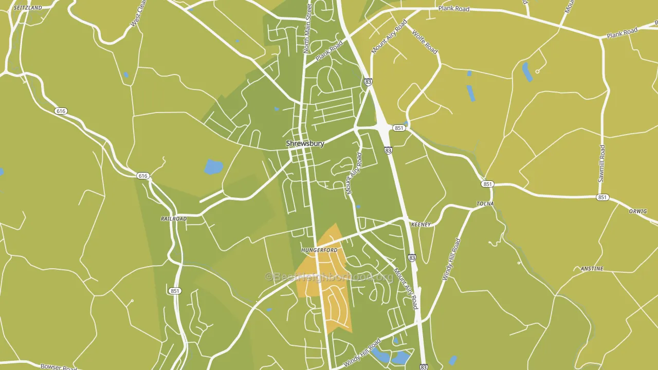 Map of the best neighborhoods in the 17361 area, with better matches in green and worse matches in red