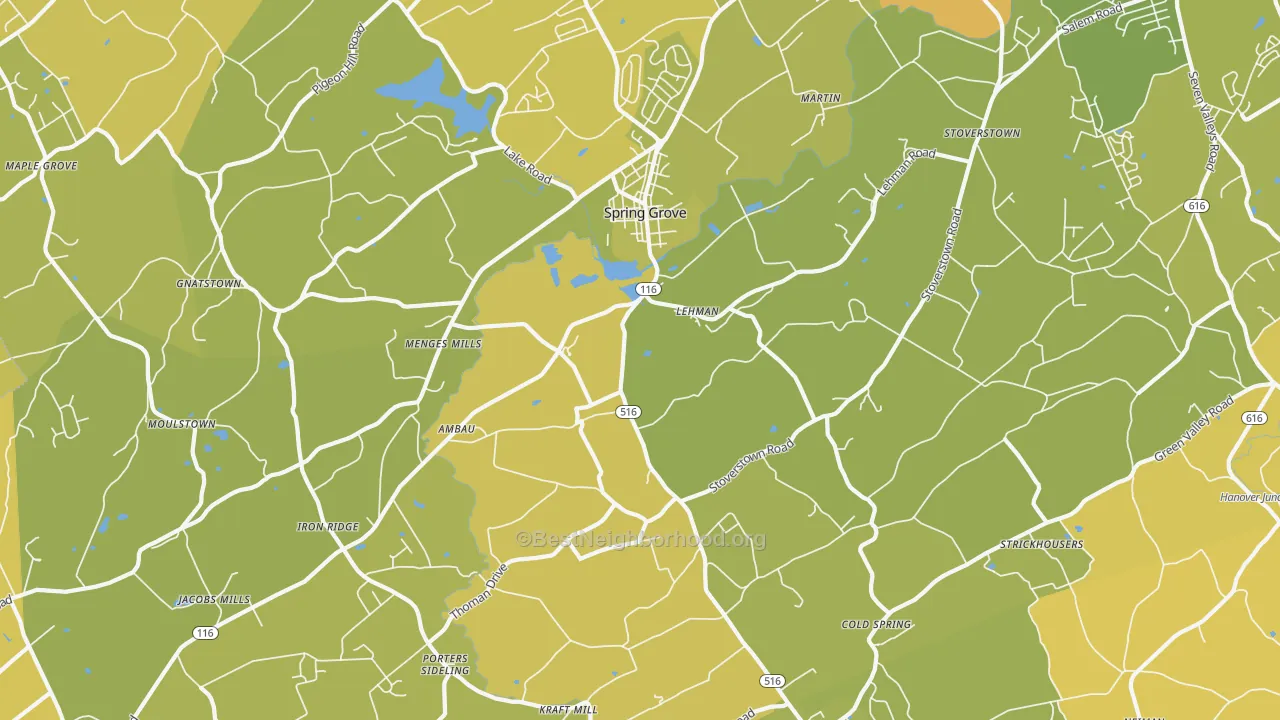Map of the best neighborhoods in the 17362 area, with better matches in green and worse matches in red