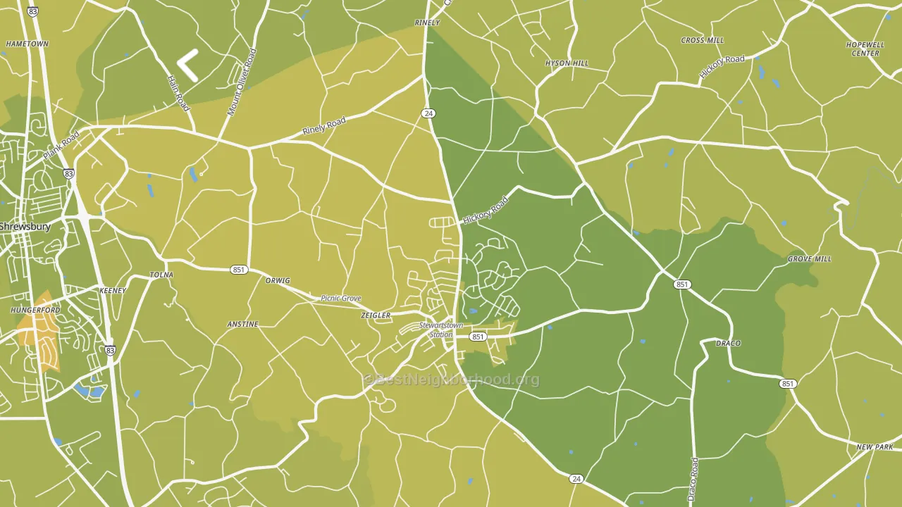 Map of the best neighborhoods in the 17363 area, with better matches in green and worse matches in red