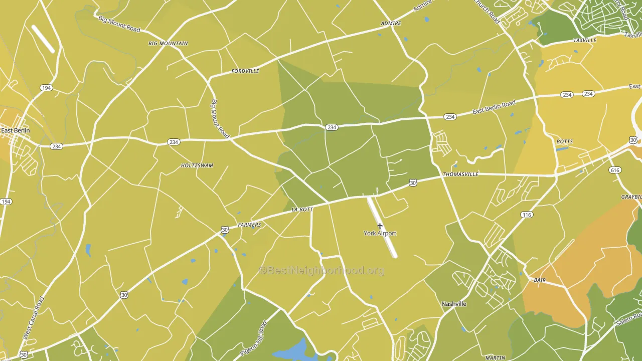 Map of the best neighborhoods in the 17364 area, with better matches in green and worse matches in red