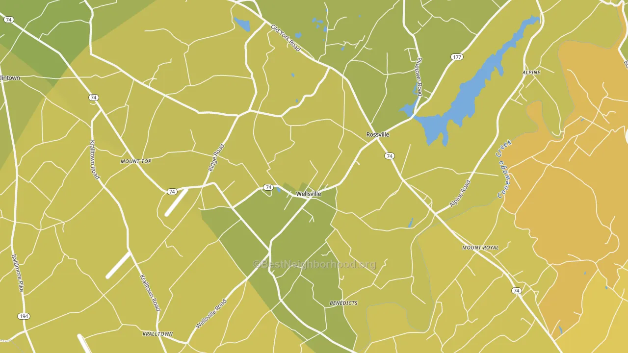 Map of the best neighborhoods in the 17365 area, with better matches in green and worse matches in red