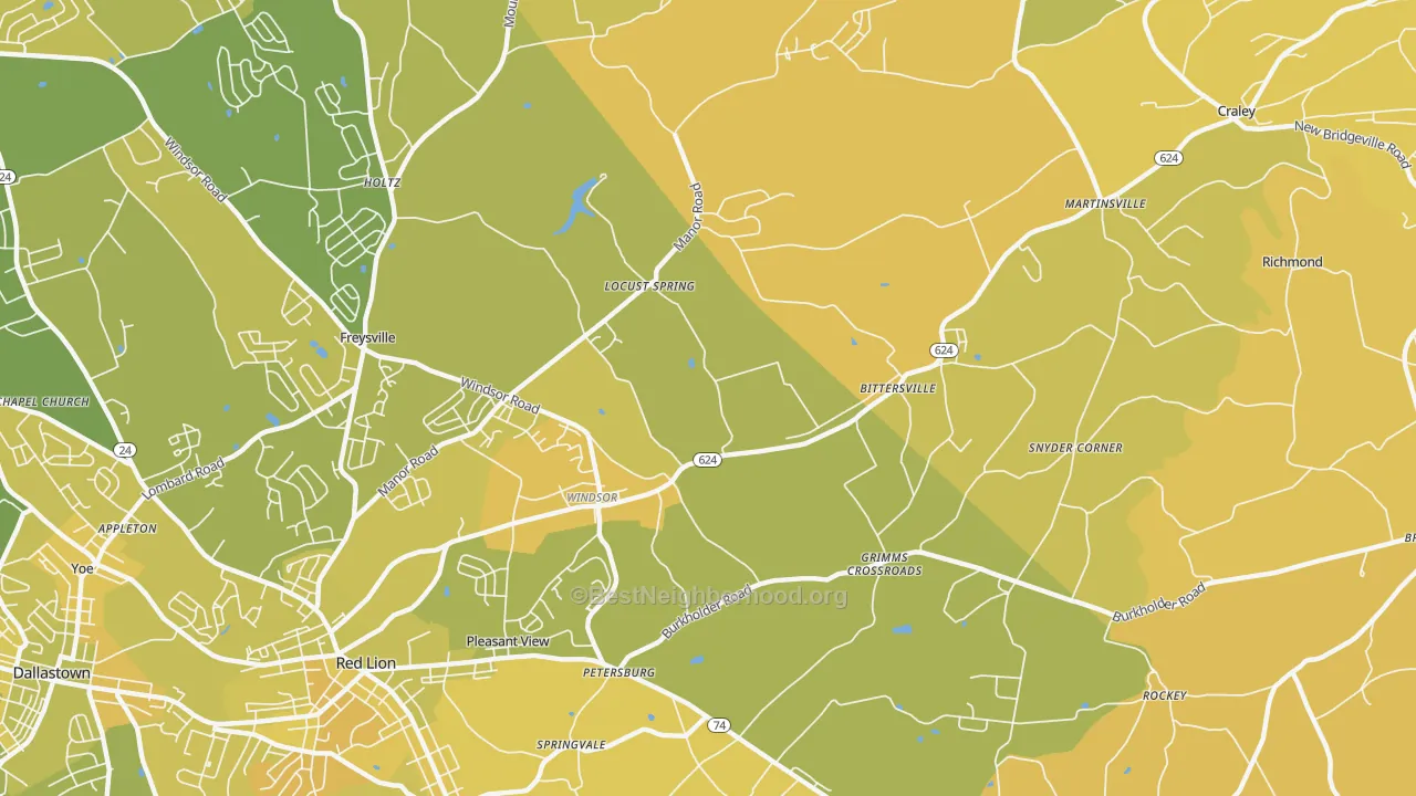 Map of the best neighborhoods in the 17366 area, with better matches in green and worse matches in red