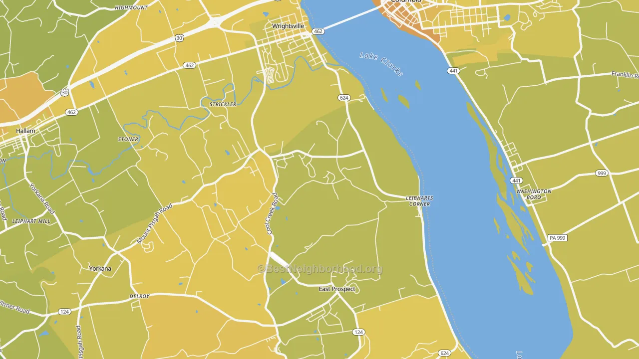 Map of the best neighborhoods in the 17368 area, with better matches in green and worse matches in red