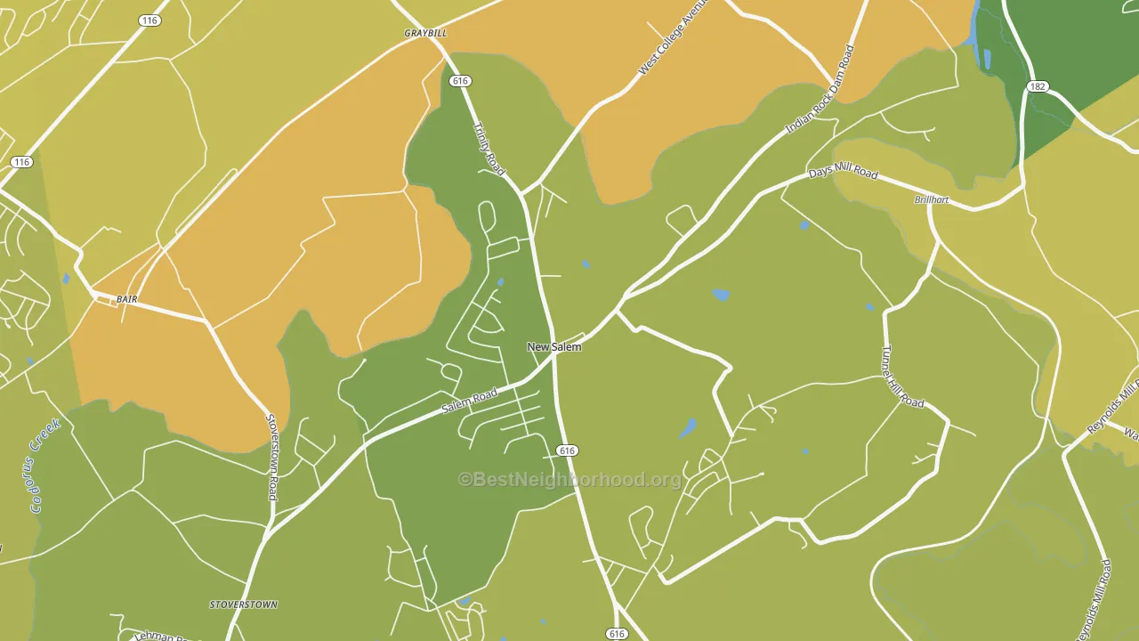 Map of the best neighborhoods in the 17371 area, with better matches in green and worse matches in red