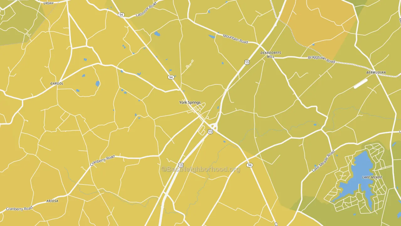 Map of the best neighborhoods in the 17372 area, with better matches in green and worse matches in red