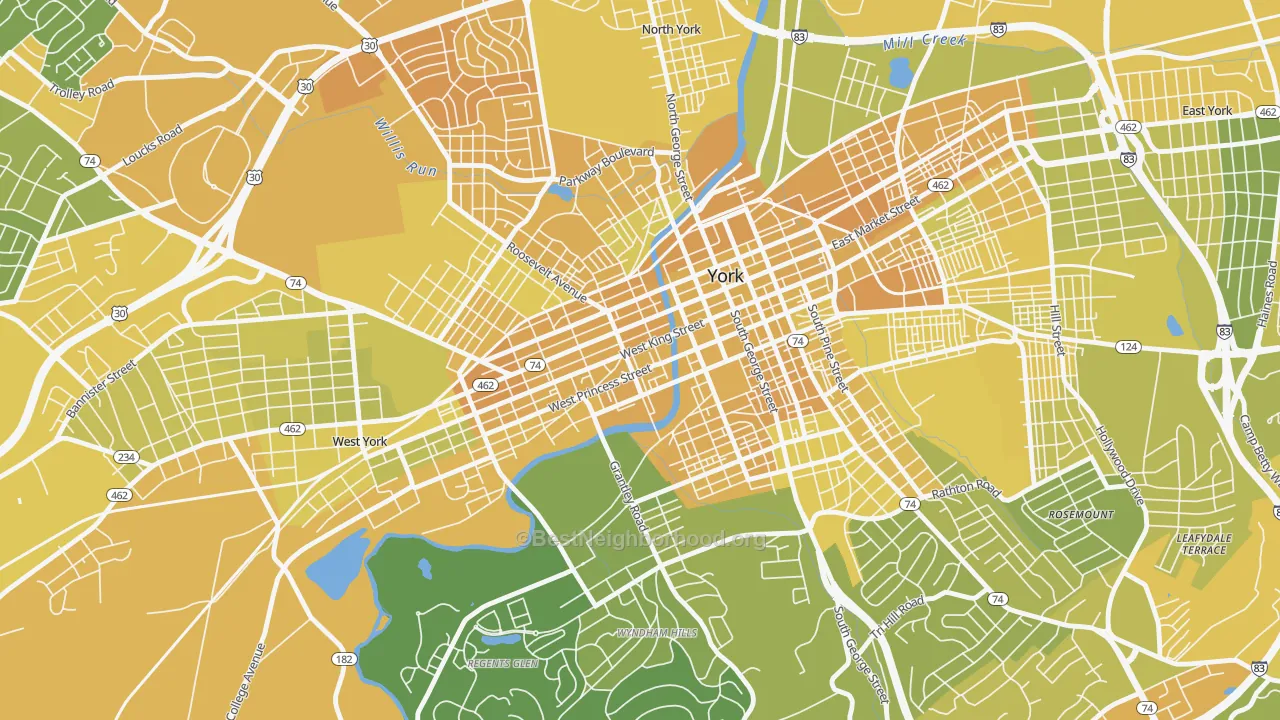 Map of the best neighborhoods in the 17401 area, with better matches in green and worse matches in red