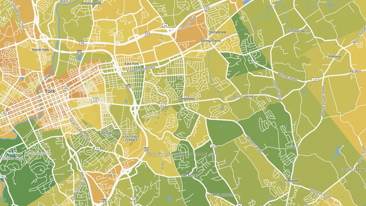 Map of the best neighborhoods in the 17402 area, with better matches in green and worse matches in red
