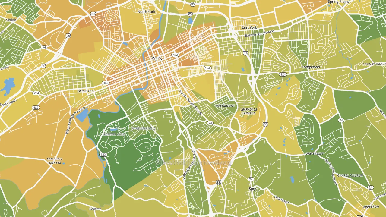 Map of the best neighborhoods in the 17403 area, with better matches in green and worse matches in red