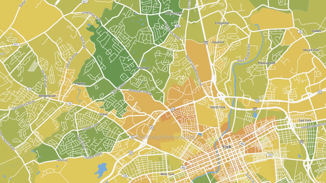 Map of the best neighborhoods in the 17404 area, with better matches in green and worse matches in red