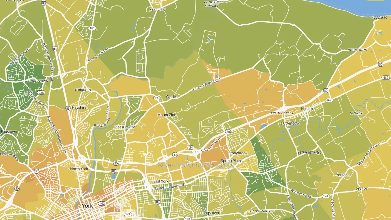 Map of the best neighborhoods in the 17406 area, with better matches in green and worse matches in red