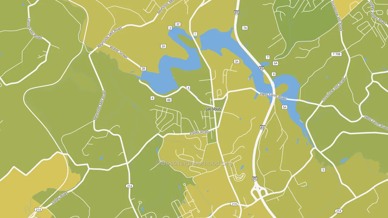 Map of the best neighborhoods in the 17407 area, with better matches in green and worse matches in red