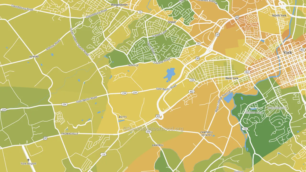 Map of the best neighborhoods in the 17408 area, with better matches in green and worse matches in red
