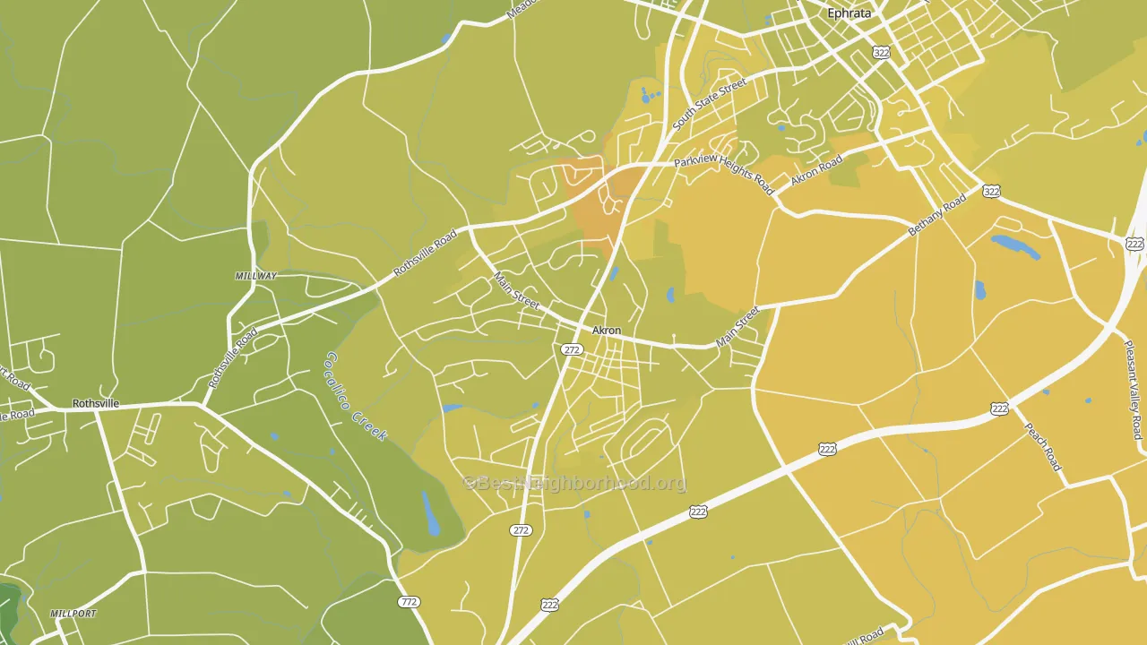 Map of the best neighborhoods in the 17501 area, with better matches in green and worse matches in red