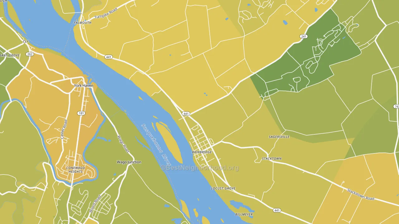 Map of the best neighborhoods in the 17502 area, with better matches in green and worse matches in red