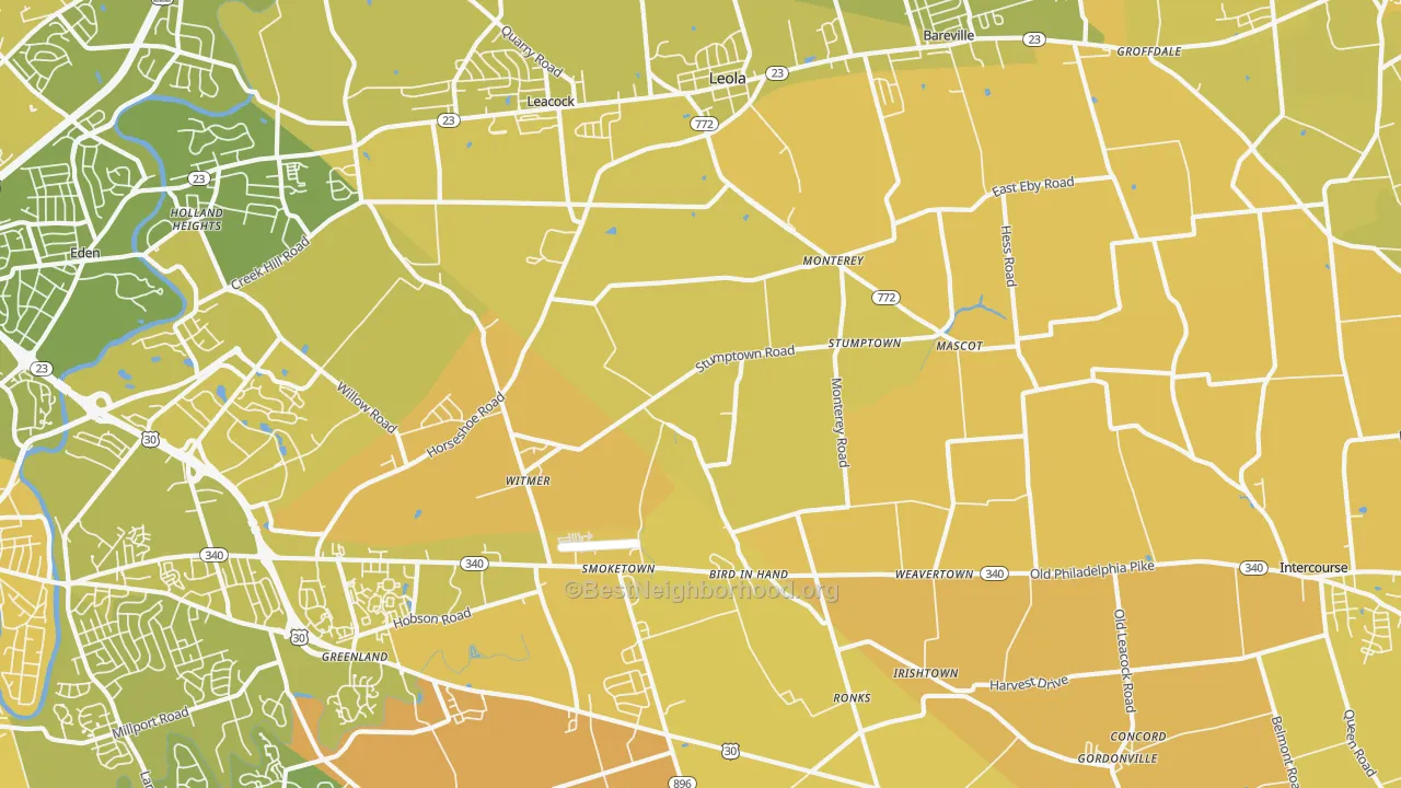 Map of the best neighborhoods in the 17505 area, with better matches in green and worse matches in red