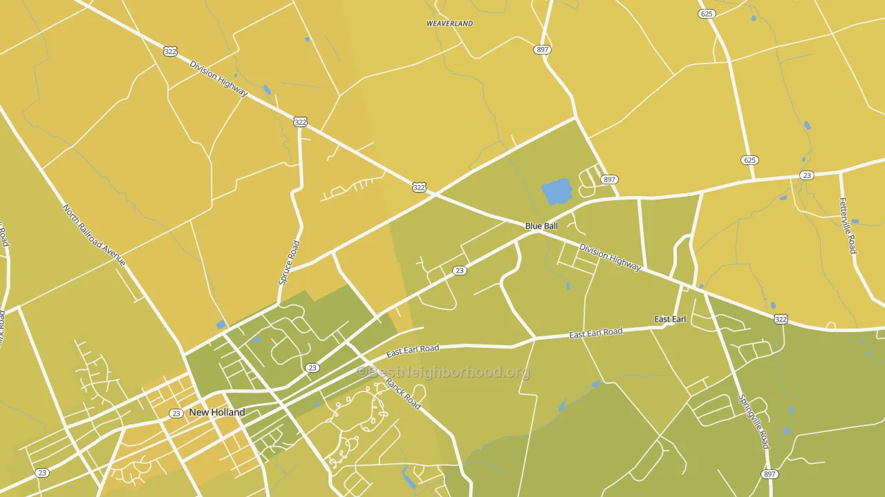 Map of the best neighborhoods in the 17506 area, with better matches in green and worse matches in red
