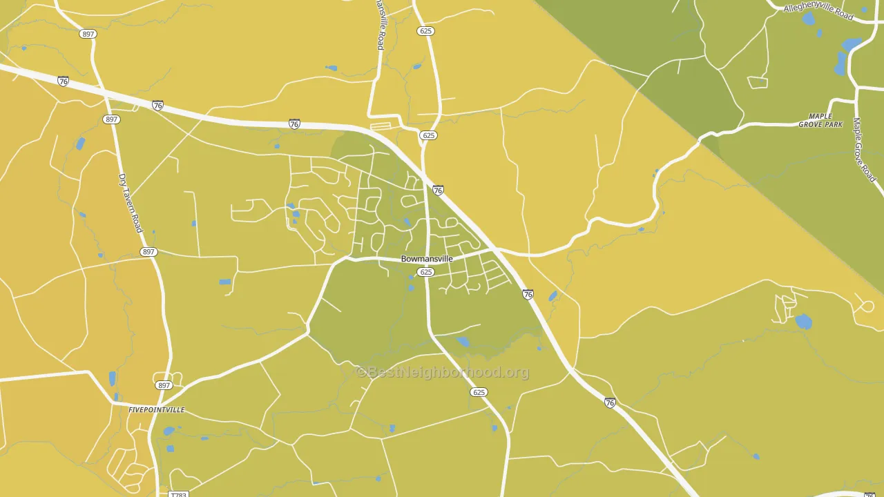 Map of the best neighborhoods in the 17507 area, with better matches in green and worse matches in red