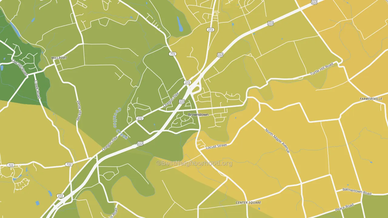 Map of the best neighborhoods in the 17508 area, with better matches in green and worse matches in red