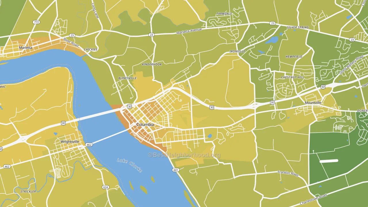 Map of the best neighborhoods in the 17512 area, with better matches in green and worse matches in red